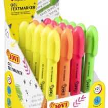 Jovi Gel Textmarker Expositor con 20 Marcadores de Texto - Colores Fluorescentes - No Necesitan Punta - Deslizamiento Suave - No Traspasan - Secado Rapido - Aptos para Luz Negra - Color Surtido