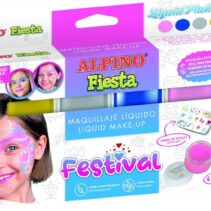 Alpino Fiesta Festival Pack de 4 Botes de Maquillaje Liquido de Diferentes Colores + Pincel + Guia de Ideas - Se Lava con Agua - Testado Dermatologicamente