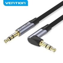 Vention Cable Auxiliar Estereo - Angulo 90° - Chapado en Oro - Conductor de Cobre Esmaltado - Revestimiento de Aleacion de Aluminio - Color Gris