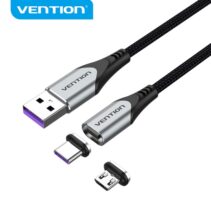 Vention Cable USB-A 2.0 Magnetico - Fichas Intercambiables USB-C y Micro USB - Carga Rapida 5A - Transmision 480Mbps - Color Gris