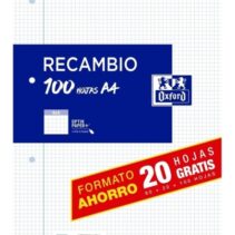 Oxford Recambio Formato A4 Cuadriculado 4x4mm 4 Taladros - 80 Hojas + 20 Gratis 90gr con Margen