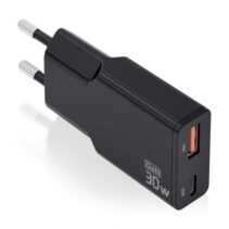 Aisens Cargador GaN Ultra Delgado 30W - 1xUSB-C PD3.0 QC4.0 - 1xUSB-A QC3.0 - Color Negro