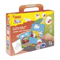 Jovi Play & Fun Kit Pinta con Arena Transport con 8 Botes de Arena + 1 Punzon + 3 Laminas con Diseños de Transportes - Colores Surtidos
