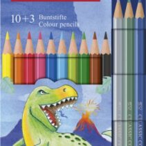 Faber-Castell Edicion Dinosaurios Pack de 13 Lapices de Colores Hexagonales - 10 Colores Clasicos + 3 Colores Metalizados - Incluye Pegatinas de Dinosaurios - Resistencia a la Rotura - Colores Surtidos