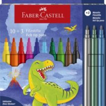 Faber-Castell Edicion Dinosaurios Pack de 13 Rotuladores de Colores - 10 Colores Clasicos + 3 Colores Metalizados - Incluye Pegatinas de Dinosaurios - Tinta a Base de Agua - Colores Surtidos