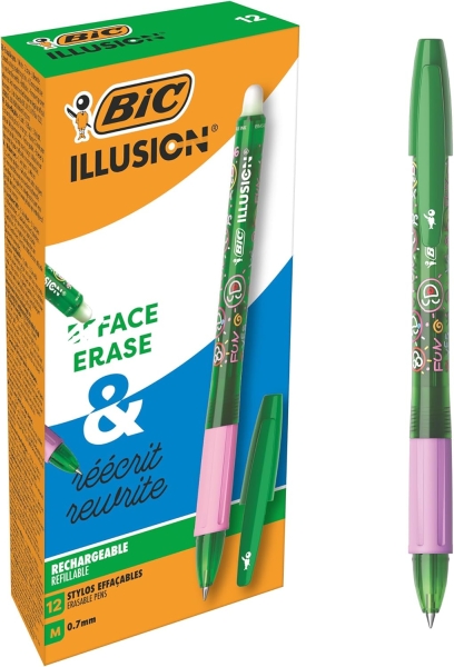 Bic Illusions Boligrafo Borrable - Punta Media de 0.7mm - Grip de Goma - Recargable - Color Verde