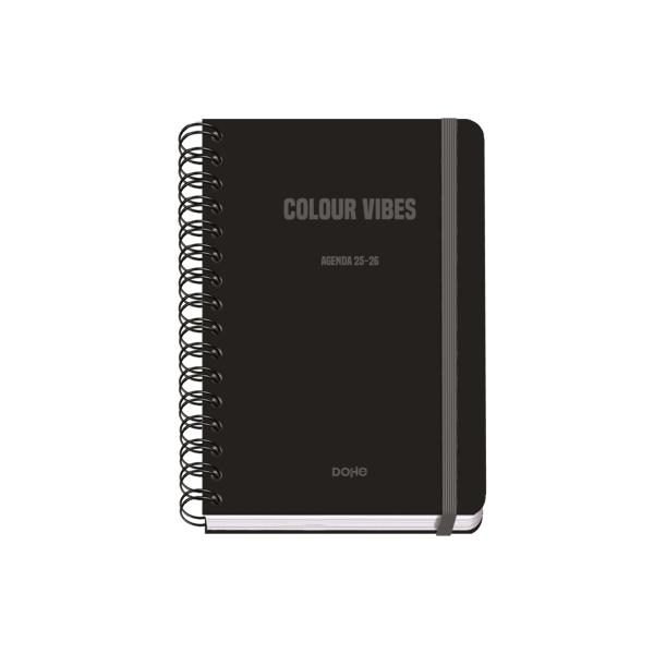 Dohe Colour Vibes Agenda Escolar 25/26 Espiral Wire’o A5 - Semana Vista - Papel 80g/m2 - 4 Hojas de Pegatinas - Cubierta de Carton Plastificado - Cierre con Goma Elastica - Color Negro