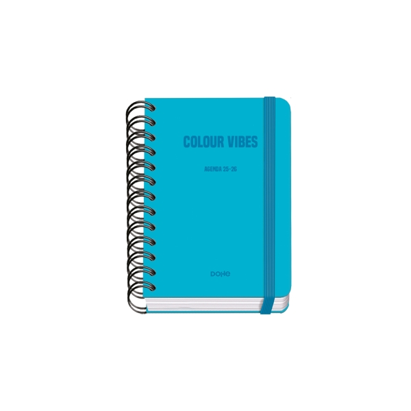 Dohe Colour Vibes Agenda Escolar 25/26 Espiral Wire’o A6 - Dia Pagina - Papel 80g/m2 - 4 Hojas de Pegatinas - Cubierta de Carton Plastificado - Cierre con Goma Elastica - Color Azul Cyan