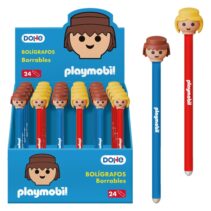 Dohe Playmobil Expositor de 24 Boligrafos Borrables - Punta Bola Metalica 1mm - Trazo 0.5mm - Capuchon Decorado con Muñecos Playmobil - Tinta Azul
