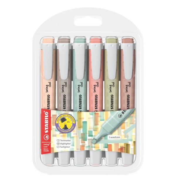 Stabilo Swing Cool Naturecolors Pack de 6 Marcadores Fluorescentes - Cuerpo Plano - Punta Biselada - Trazo entre 1 y 4mm - Tinta con Base de Agua - Antisecado - Colores Surtidos