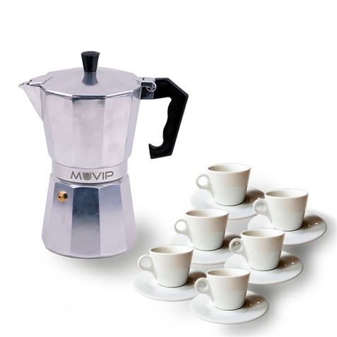 Muvip MV0601 Cafetera de Aluminio - Capacidad 6 Tazas - Mango Ergonomico - Antiadherente - Apta para Placas Electricas
