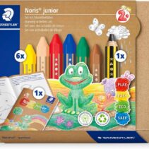 Staedtler Noris Junior Conjunto de Actividades Pack de 6 Ceras de Colores + Lapiz de Grafito Extragrueso + Folleto de Actividades - Colores Surtidos