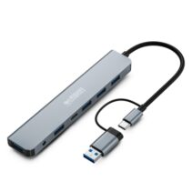 Urban Factory Minee HUB 6 en 1 - USB-A/C Macho - USB-A/C Hembra - Alimentacion Externa con Adaptador de Corriente - Color Gris Metal