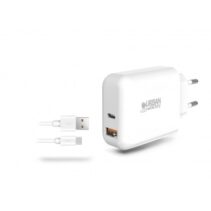 Urban Factory Powee Cargador de Pared USB-C de 45W y USB-A de 18W - Cable USB-A a USB-C de 1m - Color Blanco