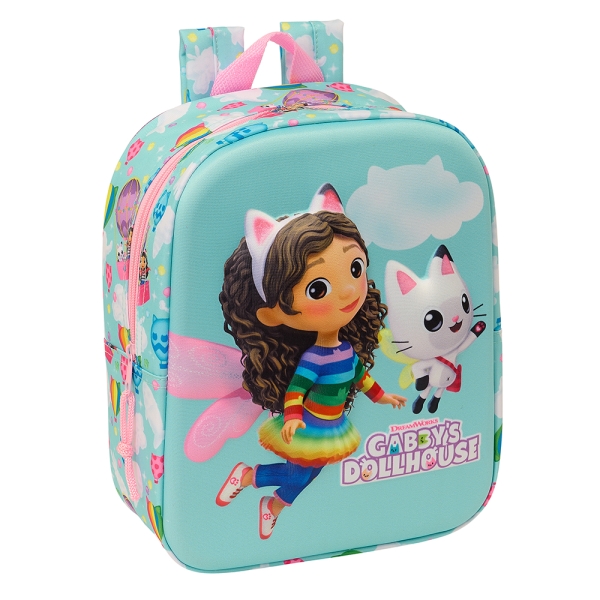 Safta Gabby'S Dollhouse Mochila Guarderia 3D - Asa de Mano - Compartimento Principal con Cremallera - 22x27x10cm - Color Azul Claro