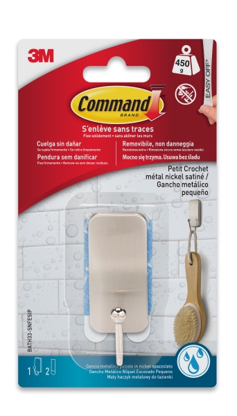 Command Gancho Compacto para Aseo - Resistente al Agua - 1 Unidad - 2 Tiras Adhesivas - Soporta hasta 450G - Talla S - Color Niquel Satinado