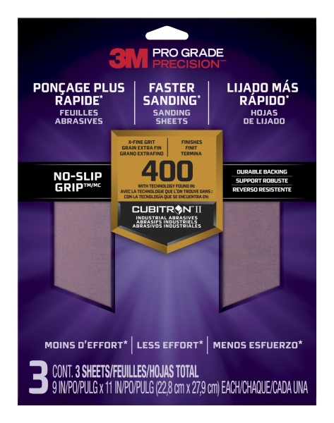 3M Pro Grade Precision Pack de 3 Hojas de Lijado - Grano 400 Extrafino - 22.8x27.9cm - Rendimiento Superior - Reduccion de Fatiga - Color Morado