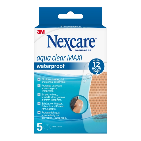 Nexcare Aqua Clear Maxi Waterproof Pack de 5 Apositos para Heridas - 60x88mm - Impermeables - Resistente al Agua - Color Transparente