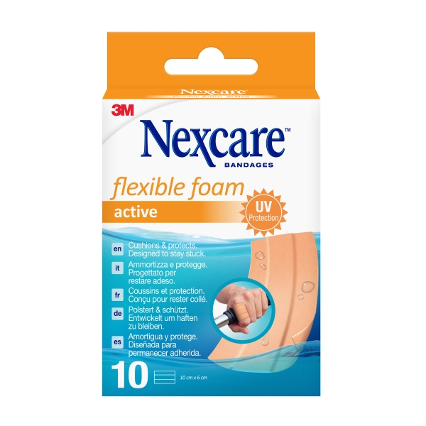 Nexcare Active Flexible Foam Pack de 10 Apositos para Heridas - 6x10cm - Transpirable - Resistente al Agua - Color Piel