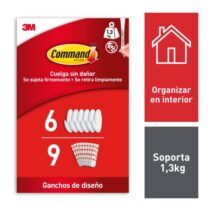 Command Pack de 6 Ganchos Medianos - 9 Tiras Adhesivas - Soporta hasta 1.3kg - Color Blanco