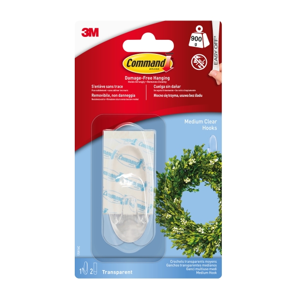 Command Gancho Mediano - 2 Tiras Adhesivas - Soporta hasta 0.9kg - Color Transparente