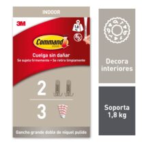 Command Pack de 2 Ganchos Dobles Grandes - 3 Tiras Adhesivas - Soporta hasta 1.8kg - Color Niquel
