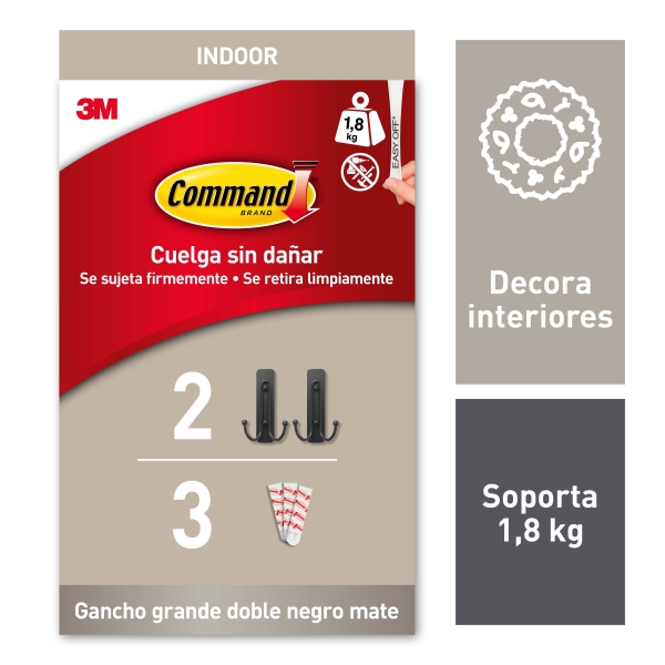 Command Pack de 2 Ganchos Dobles Grandes - 3 Tiras Adhesivas - Soporta hasta 1.8kg - Color Negro