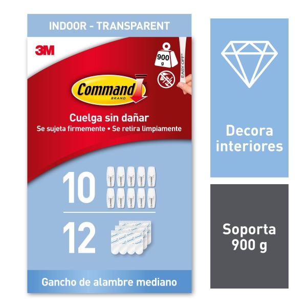 Command Pack de 10 Ganchos Mediano - 12 Tiras Adhesivas - Punta Metalica - Soporta hasta 0.9kg - Uso en Interior - Color Transparente
