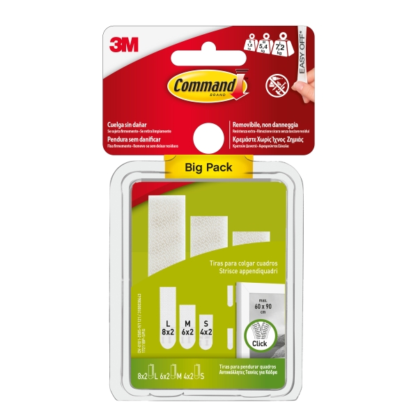 Command Pack de 36 Tiras Adhesivas para Colgar Cuadros - 8 Pares L + 6 Paresm + 4 Pares S - Soporta hasta 7.2kg - Color Blanco
