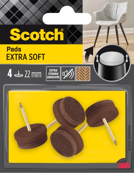 Scotch Pack de 4 Almohadillas de Fieltro con Clavo - Extrasuaves - Diametro de 22mm - Color Marron