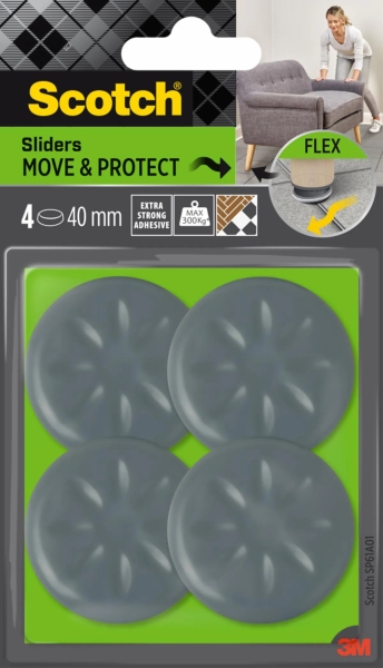 Scotch Move and Protect Flex Pack de 4 Patines Deslizantes Adhesivos - Diametro de 40mm - Soporta hasta 300kg - Color Gris