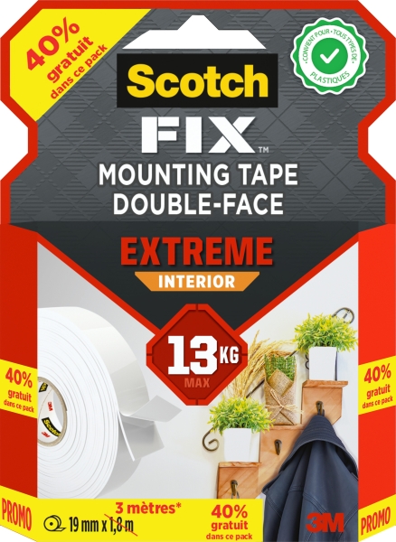 Scotch-Fix Cinta de Montaje para Interior Extremo de Doble Cara - Promocion 40% Gratis - 19 mm x 3m - Color Blanco