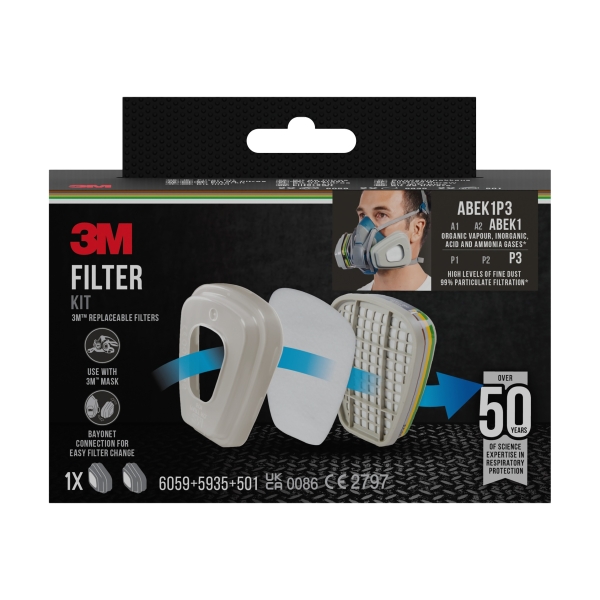 3M Filtros de Repuesto para Mascara de Media Cara - Filtros Combinados ABEK1 - Proteccion Contra Altos Niveles de Particulas P3 - Incluye Soporte de Filtro - 1 Par - Color Blanco