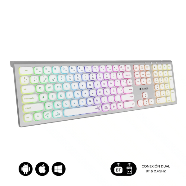 Subblim Teclado Inalambrico Master - Bluetooth y 2.4G - Iluminado - Teclas Ergonomicas de Bajo Perfil - Color Blanco Plata