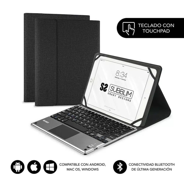 Subblim Teclado Bluetooth extraíble - Funda universal 9-10.1" - Diseño ultradelgado - Soporte ajustable - Touchpad - Sistema magnético - Resistente y adaptable - Inalámbrico - Bluetooth - Color Negro