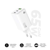 Subblim Cargador de Pared GaN 65W - 3 Puertos (2xUSB-C + 1xUSB-A) -  Carga ultra rápida - Color Blanco