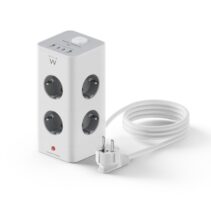 Ewent Regleta con 12 Tomas de Sobremesa - 8x Schuko 16A - 2x USB-A - 2x USB-C - Interruptor On/Off - Proteccion Infantil - Forma de Torre - Cable de 2m - Color Blanco/Gris