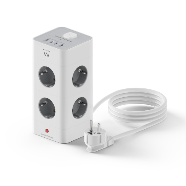 Ewent Regleta con 12 Tomas de Sobremesa - 8x Schuko 16A - 2x USB-A - 2x USB-C - Interruptor On/Off - Proteccion Infantil - Forma de Torre - Cable de 2m - Color Blanco/Gris