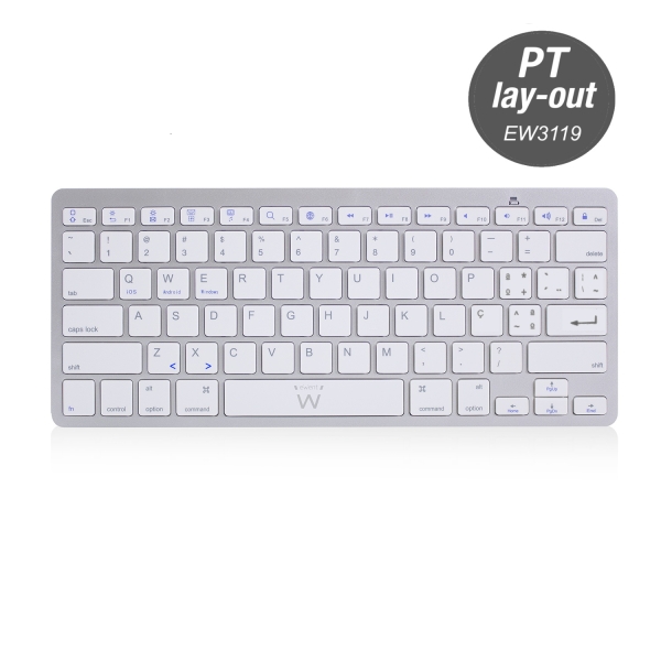 Ewent Teclado de Viaje - Modo Ahorro de Energia - Bluetooth 3.0 - Disposicion Portuguesa QWERTY PT - Alcance hasta 10m - Color Plata/Blanco