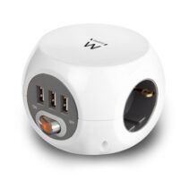 Ewent Regleta con 6 Tomas de Sobremesa - 3x Schuko 16A - 3x USB-A - Interruptor On/Off - Cable de 1.5m - Forma de Cubo - Color Blanco/Gris