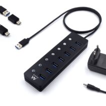 Ewent Hub USB 7 en 1 - Alimentacion Externa - Interruptores Individuales - Incluye Adaptador USB-C - Cable de 1.2m - Color Negro