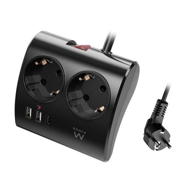 Ewent Regleta de 5 Tomas de Sobremesa - 2x Schuko 16A - 2x USB-A - 1x USB-C - Interruptor On/Off - Cable de 1.5m - Color Negro