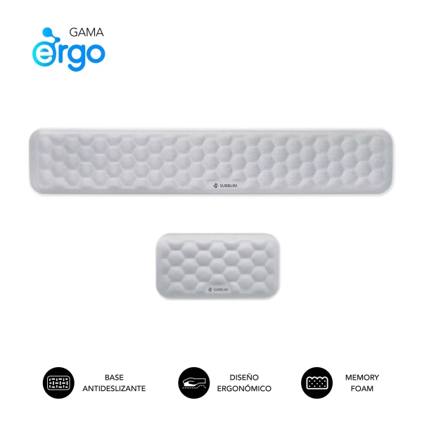 Subblim Pack Ergo Airpadding Reposamuñecas para Teclado y Raton - Espuma Viscoelastica 65D - Tejido AirMesh Transpirable - Base Antideslizante - Color Plata
