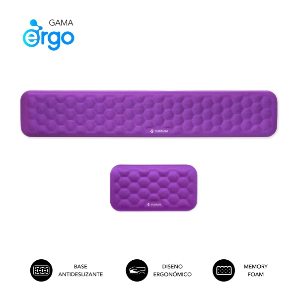 Subblim Pack Ergo Airpadding Reposamuñecas para Teclado y Raton - Espuma Viscoelastica 65D - Tejido AirMesh Transpirable - Base Antideslizante - Color Lila