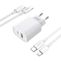 XO CE02 Cargador de Pared 38W - USB-C y USB-A - Cable USB-A a USB-C 1m - Color Blanco