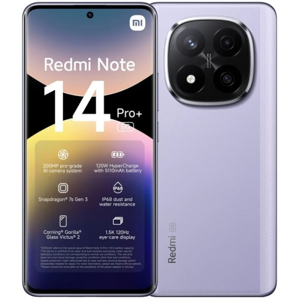 Xiaomi Redmi Note 14 Pro Plus 5G Smartphone Pantalla AMOLED 6.67" - 12GB - 512GB - Camara Principal 200MP - Bateria 5110mAh - Carga Rapida 120W - Color Lavanda