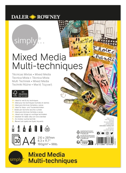 Daler Rowney Simply Bloc Encolado Mix Media - A4 - 160g - 30 Hojas - Color Blanco