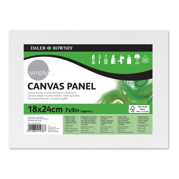 Daler Rowney Simply Carton Entelado - 250g - 18x24cm - Imprimacion Triple - Grano Medio - 100% Algodon sin Acido - 250g - Color Blanco