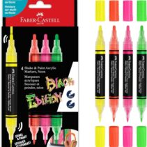 Faber-Castell Shake & Paint Black Edition Pack de 4 Rotuladores Acrilicos Doble Punta - Puntas Redondas de 1mm y 3mm - Tinta Acrilica al Agua - Colores Neon Surtidos