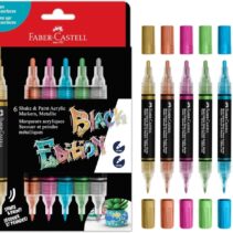 Faber-Castell Shake & Paint Black Edition Pack de 6 Rotuladores Acrilicos Doble Punta - Puntas Redondas de 1mm y 3mm - Tinta Acrilica al Agua - Colores Metalicos Surtidos